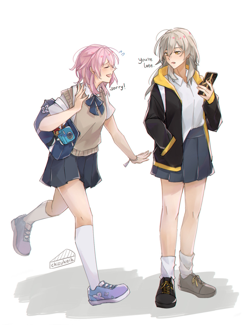 2girls, alternate_costume, ankle_socks, artist_name, bag, black_footwear, black_jacket, blue_neckerchief
