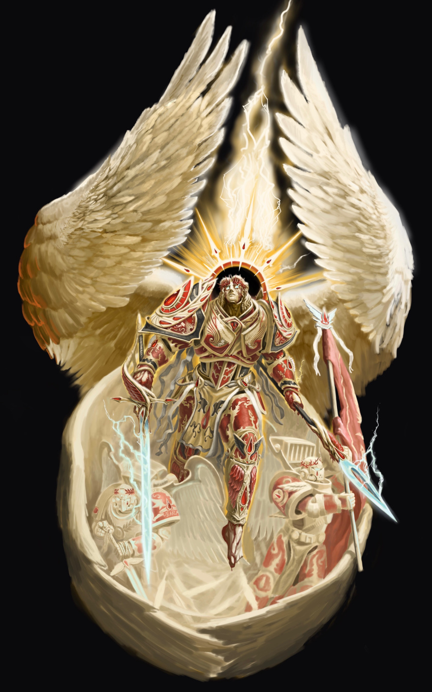 1boy, absurdres, adeptus_astartes, angel, angel_wings, armor, banner, barefoot