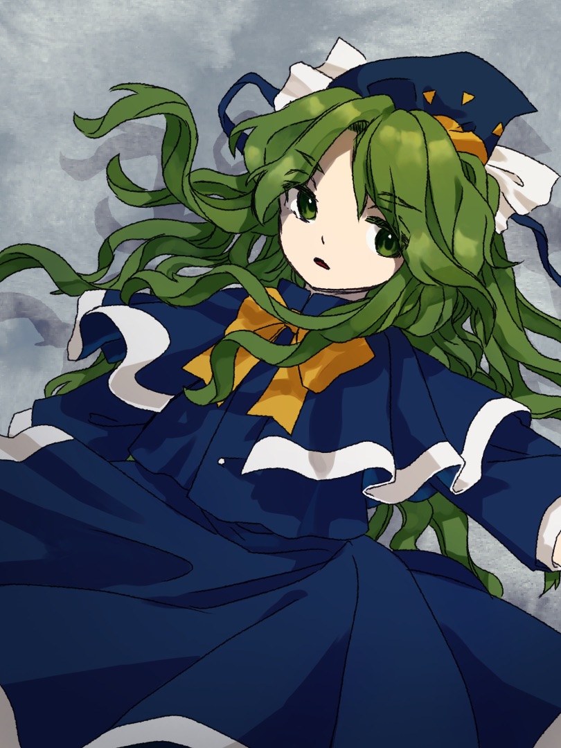 1girl, blue_capelet, blue_headwear, blue_jacket, blue_skirt, capelet, commentary_request, green_eyes