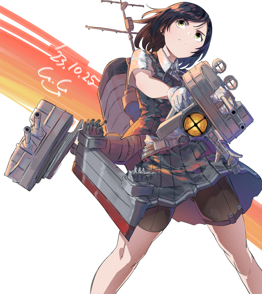 1girl, adapted_turret, anti-aircraft, anti-aircraft_gun, bike_shorts, black_hair, black_shorts, black_vest