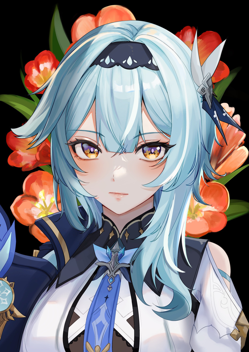 1girl, absurdres, black_background, black_hairband, blue_hair, blue_necktie, closed_mouth, clothing_cutout