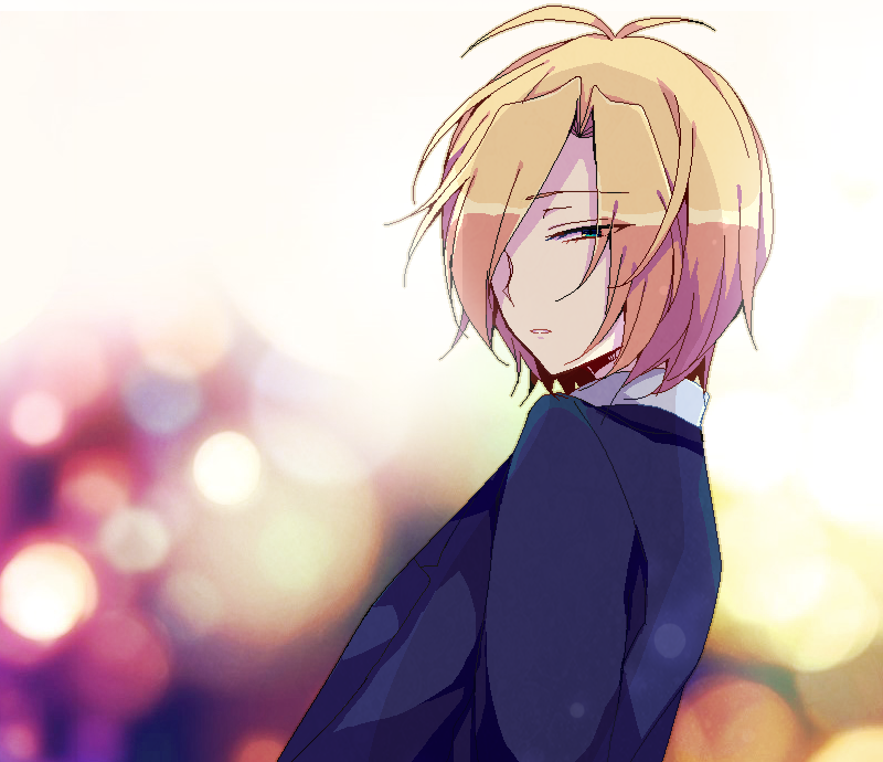 1boy, antenna_hair, arms_behind_back, blonde_hair, bluestar_iz, blurry, bokeh, depth_of_field, expressionless, hair_over_one_eye, long_sleeves, looking_at_viewer, looking_to_the_side, male_focus, noel_levine, parted_lips, shirt, short_hair, solo, upper_body, white_background, white_shirt, witch's_heart