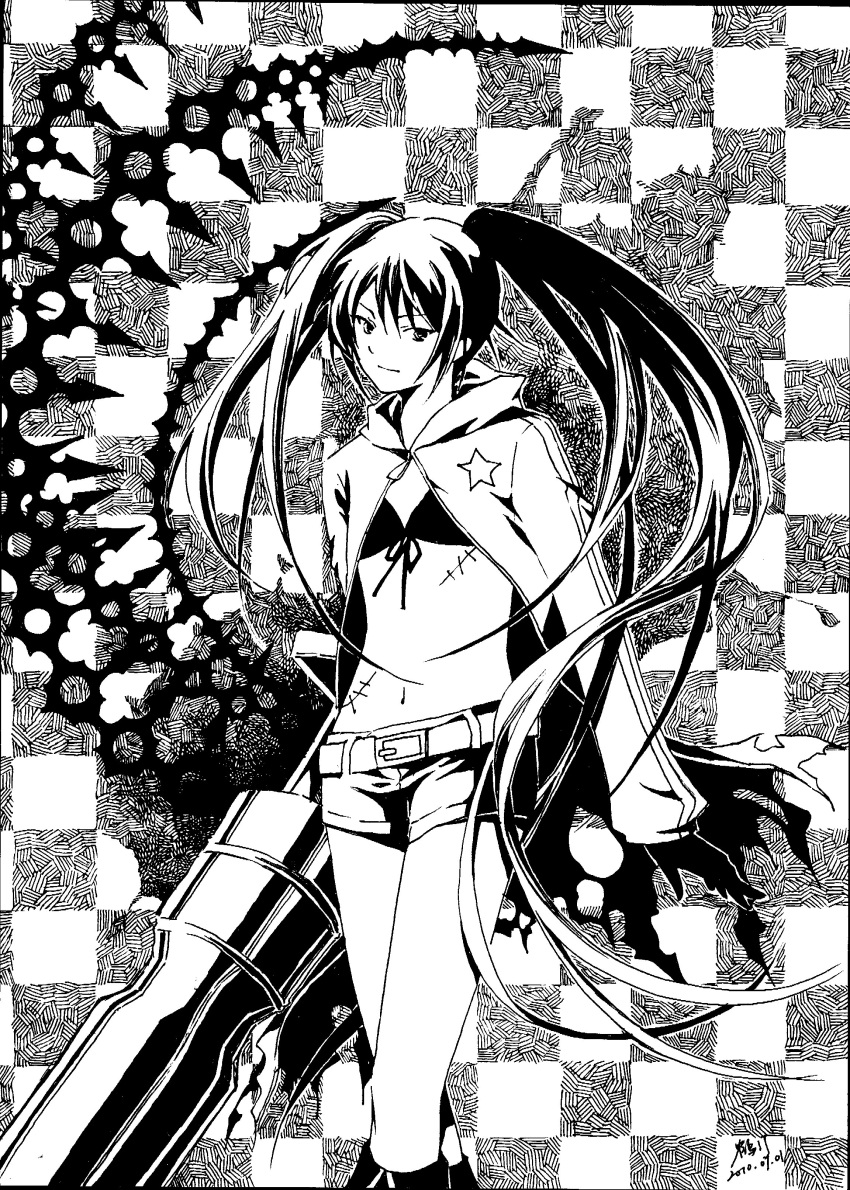 belt, bikini_top, black_rock_shooter, black_rock_shooter_(character), boots, checkered, checkered_background, coat, heting, highres, huge_weapon, knee_boots, long_hair, monochrome, navel, scar, shorts, solo, star, twintails, very_long_hair, weapon