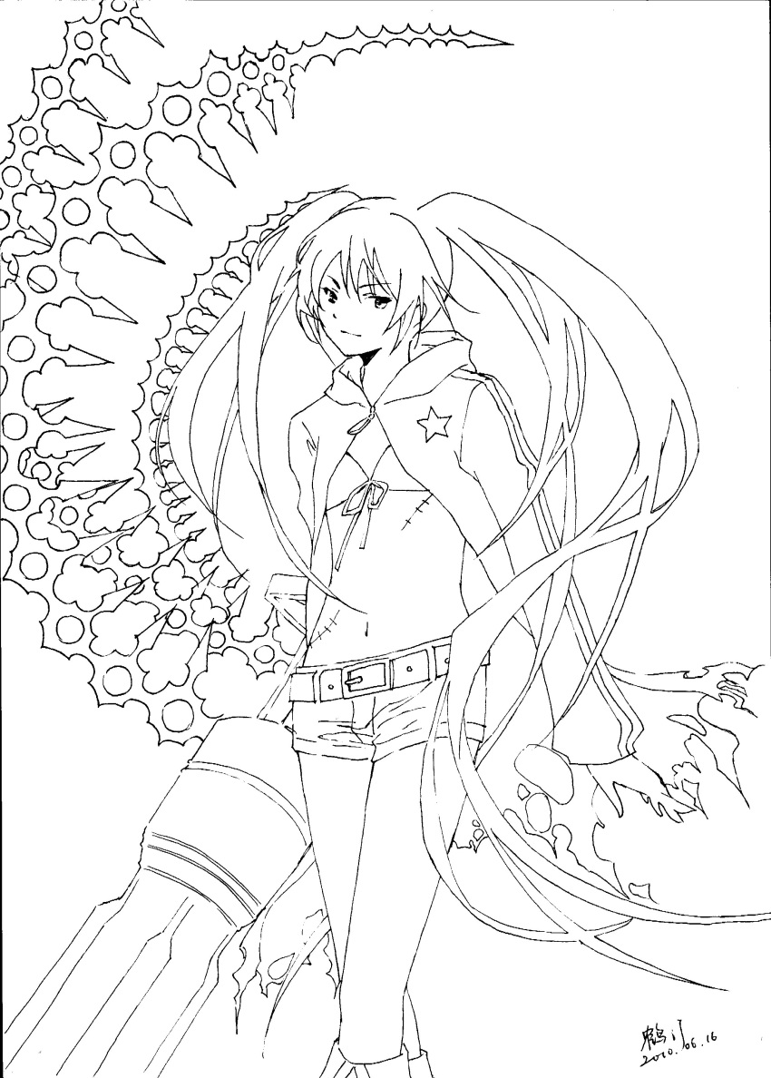belt, bikini_top, black_rock_shooter, black_rock_shooter_(character), boots, coat, crossed_legs_(standing), heting, highres, huge_weapon, knee_boots, long_hair, monochrome, navel, scar, shorts, sketch, solo, star, twintails, very_long_hair, weapon
