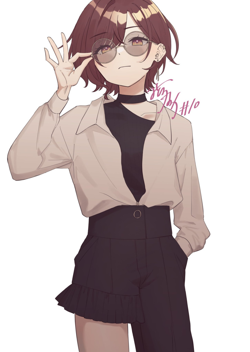 1girl, adjusting_eyewear, alternate_eye_color, alternate_hair_color, asymmetrical_pants, asymmetrical_shirt, black_pants, black_shirt
