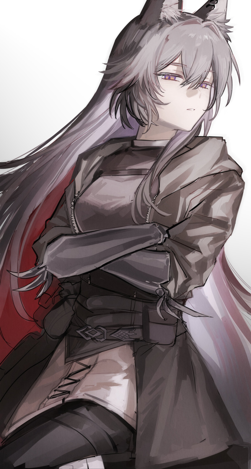 1girl, absurdres, animal_ear_fluff, animal_ear_piercing, animal_ears, arknights, belt, belt_buckle