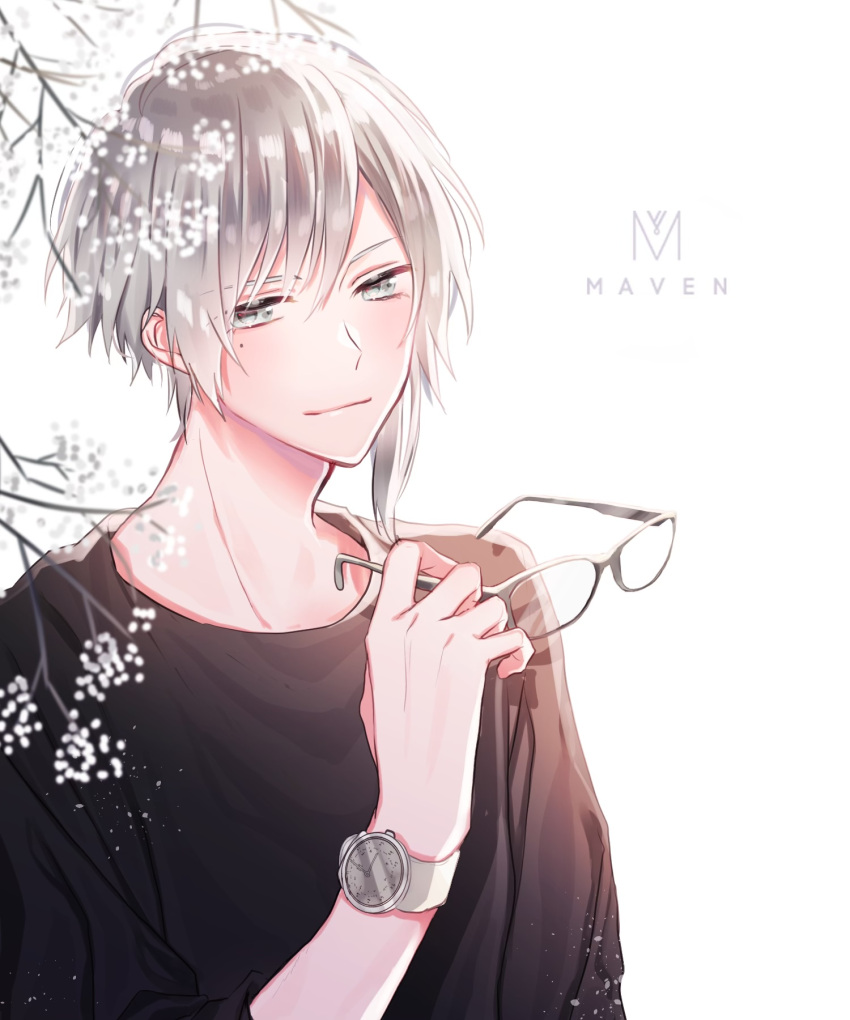 1boy, asymmetrical_hair, black_shirt, bloom, blurry, blurry_foreground, branch, closed_mouth
