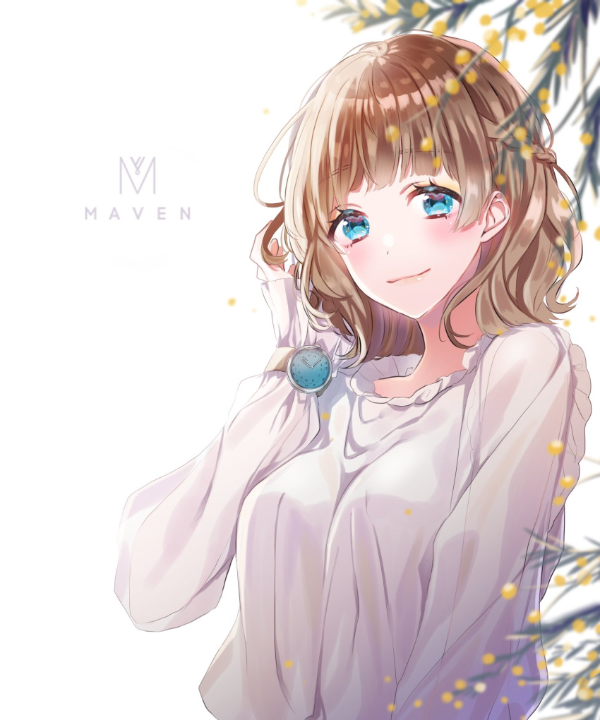 1girl, aqua_eyes, arm_at_side, blue_pupils, blurry, blurry_foreground, blush, braid