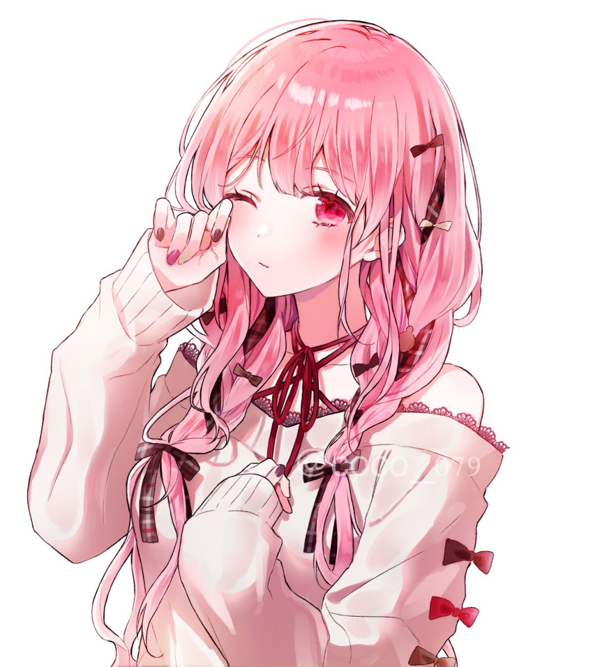 1girl, bare_shoulders, blush, bow, braid, breasts, closed_mouth, coco_079
