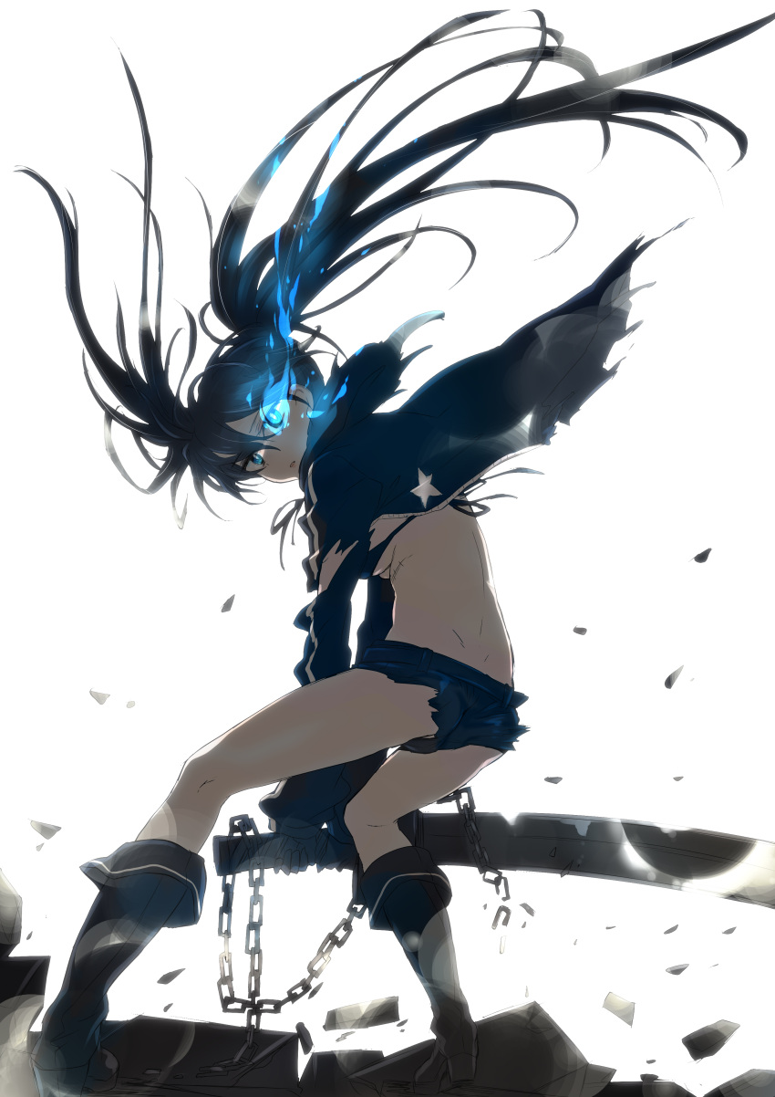 aura, bikini_top, black_hair, black_rock_shooter, black_rock_shooter_(character), blue_eyes, boots, chain