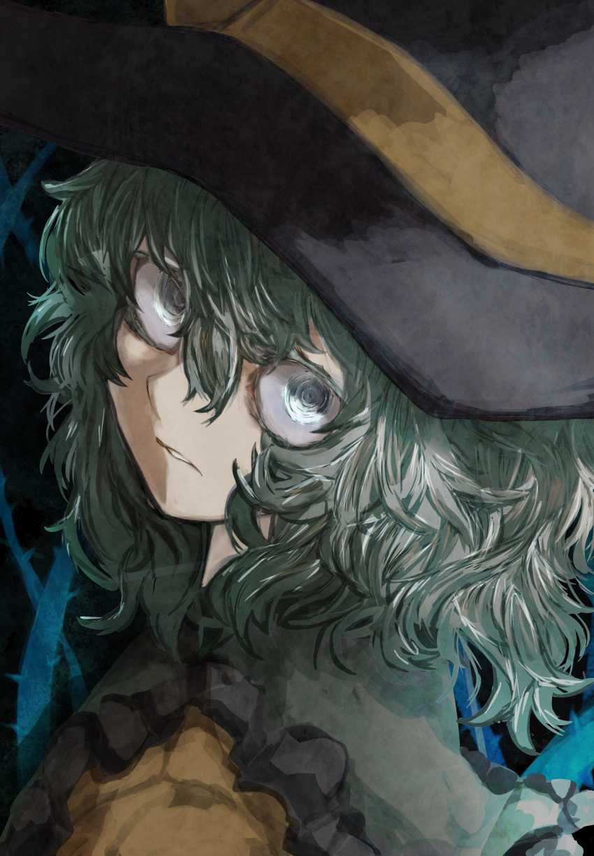 1girl, absurdres, black_background, black_headwear, bow, closed_mouth, commentary_request, green_eyes