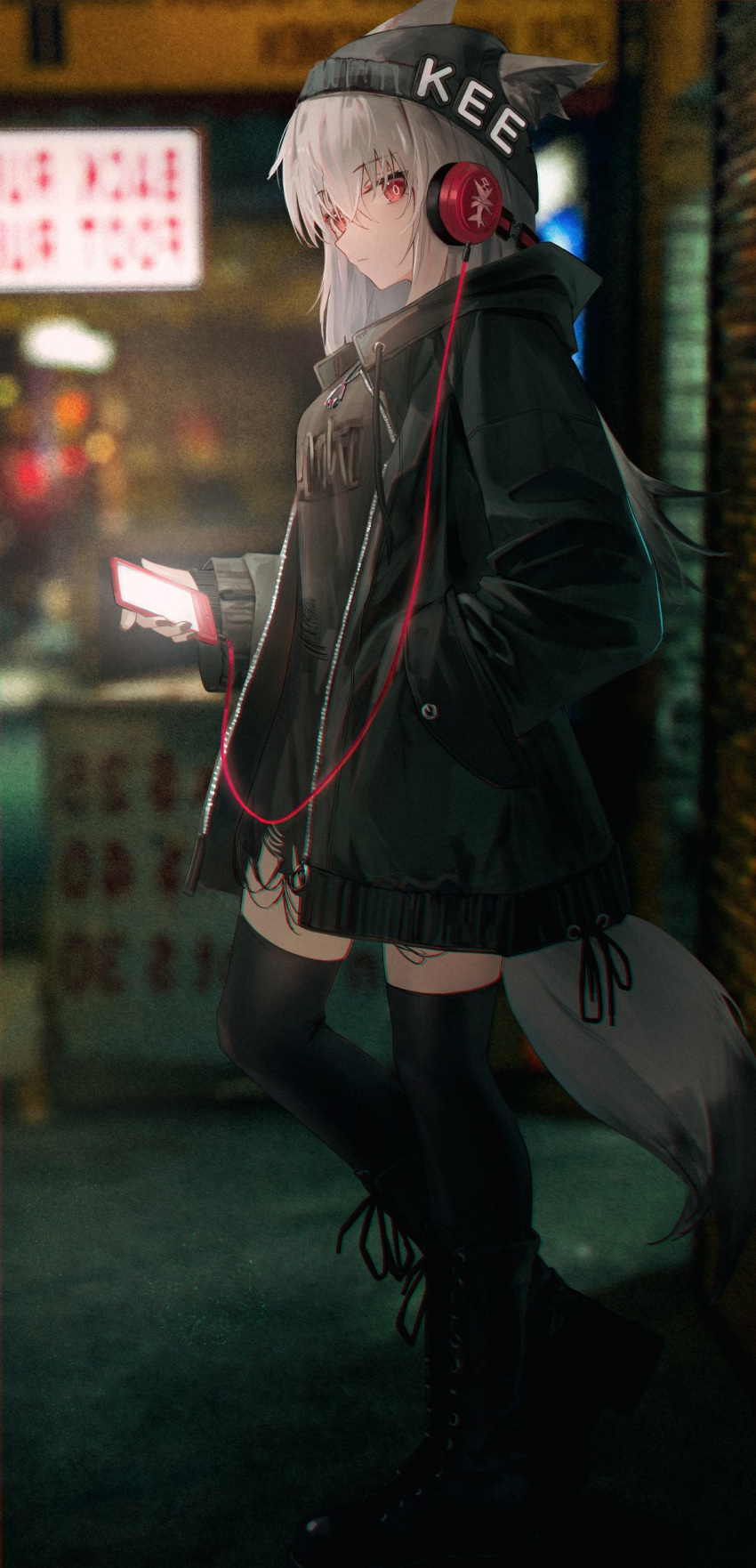 1girl, absurdres, animal_ear_fluff, animal_ears, arknights, beanie, behind-the-head_headphones, black_footwear