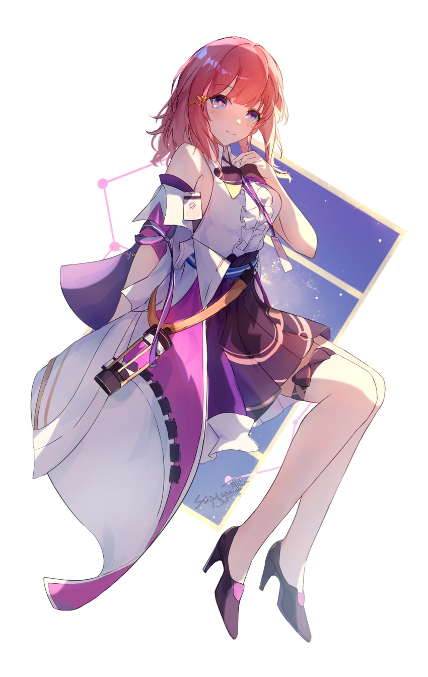 1girl, arm_at_side, asta_(honkai:_star_rail), black_bow, black_footwear, black_skirt, blue_eyes, blush