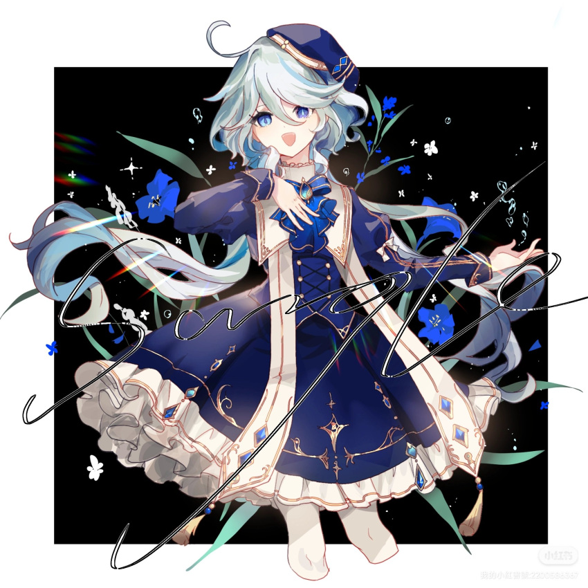 1girl, ahoge, ascot, beret, blue_ascot, blue_dress, blue_eyes, blue_gemstone
