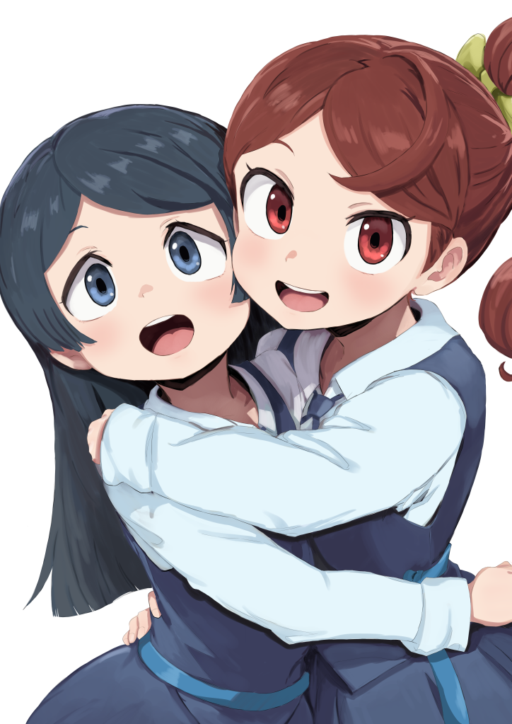 2girls, barbara_parker, black_eyes, black_hair, blue_skirt, blue_vest, brown_eyes, brown_hair