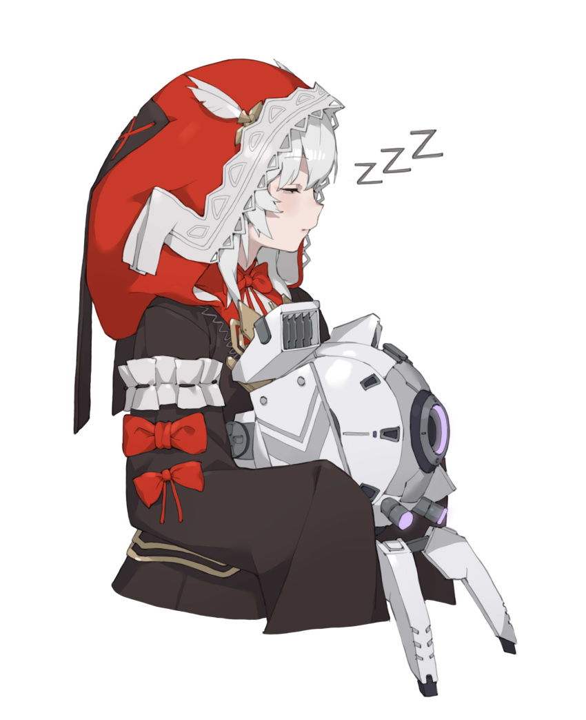 1girl, 1other, absurdres, bow, bowtie, brown_dress, closed_eyes, dress, drone, feathers, frills, from_side, hair_between_eyes, highres, holding, hood, hood_up, hooded_dress, nainainainainaiya, no.21:_xxi_(red_hoodie)_(punishing:_gray_raven), no.21_(punishing:_gray_raven), profile, punishing:_gray_raven, red_bow, red_bowtie, red_hood, robot, simple_background, sleeping, sleeves_past_wrists, upper_body, very_long_sleeves, white_background, white_hair, wide_sleeves, zzz