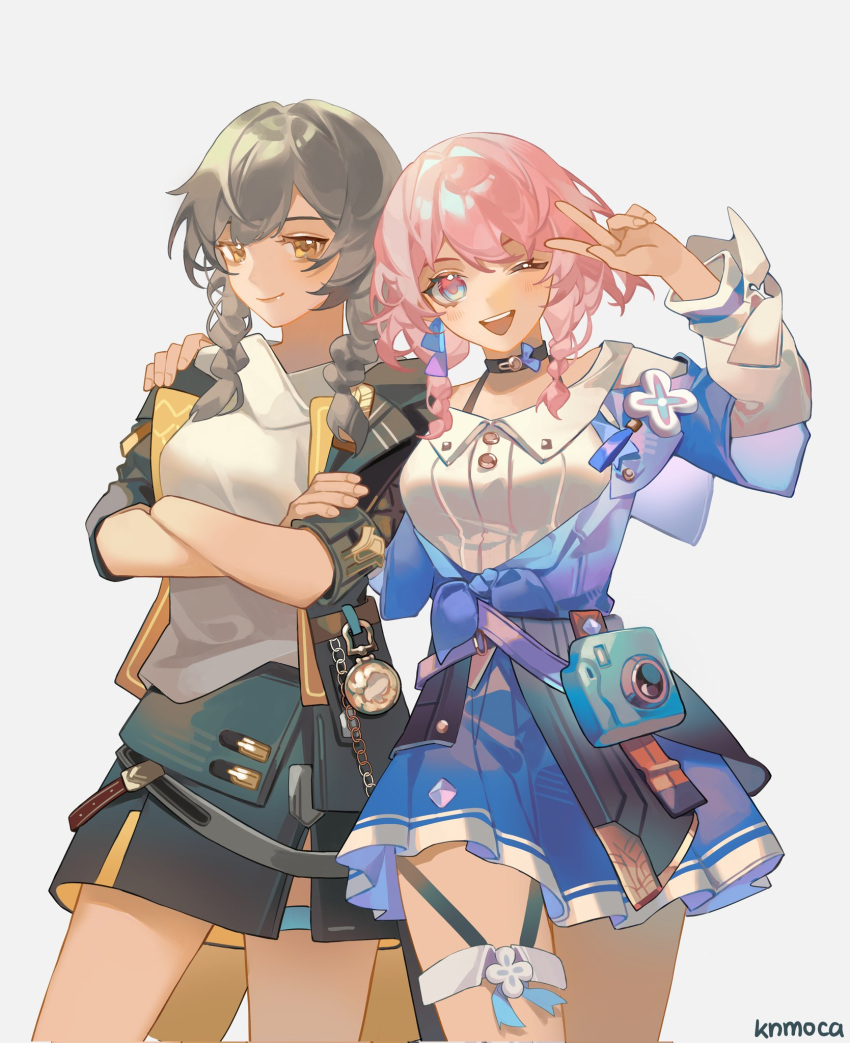 2girls, artist_name, black_choker, black_coat, black_corset, black_skirt, blue_eyes, blue_jacket, blue_skirt, blush, braid, choker, closed_mouth, coat, corset, cowboy_shot, crossed_arms, dress_shirt, earrings, english_commentary, flower_ornament, front_slit, grey_background, grey_hair, hand_on_another's_shoulder, hand_up, hayashikana, highres, honkai:_star_rail, honkai_(series), jacket, jewelry, long_sleeves, looking_at_viewer, march_7th_(honkai:_star_rail), medium_hair, miniskirt, multiple_girls, one_eye_closed, open_clothes, open_coat, open_mouth, pink_eyes, pink_hair, pleated_skirt, shirt, simple_background, single_earring, skirt, smile, stelle_(honkai:_star_rail), teeth, thigh_strap, tied_jacket, trailblazer_(honkai:_star_rail), twin_braids, two-tone_eyes, upper_teeth_only, v, white_shirt, yellow_eyes