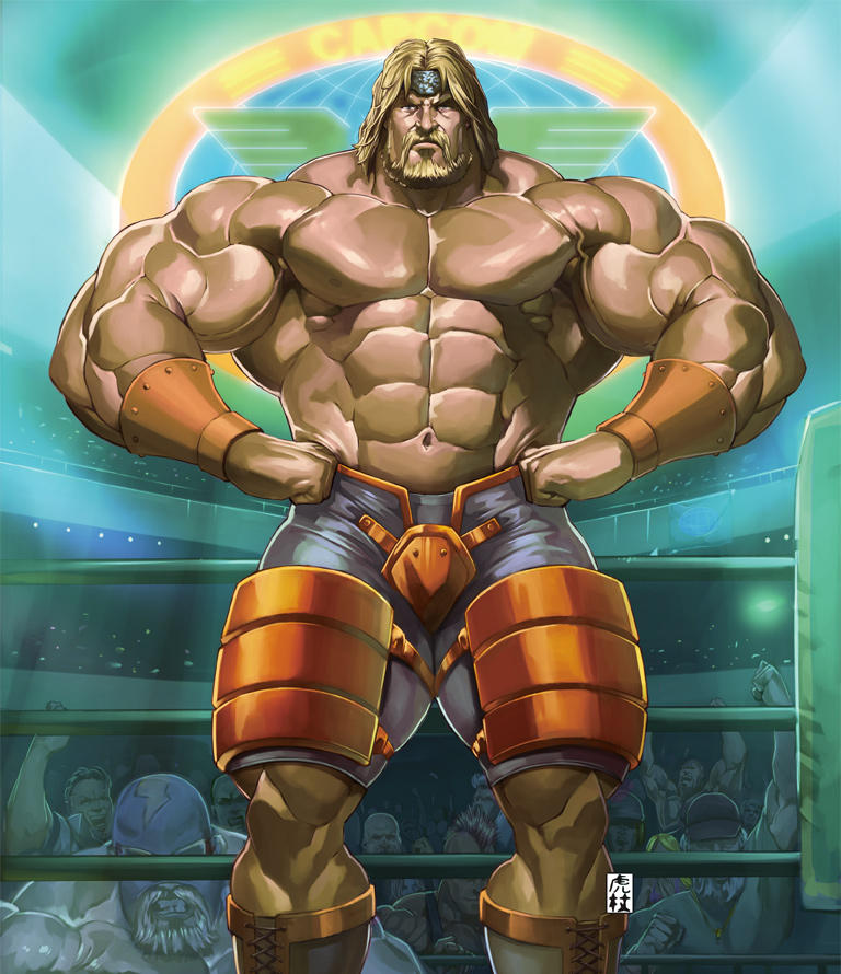 abs, armband, bald, bandana, beard, blonde_hair, capcom, crowd, emblem, facial_hair, itadori_shuu, light, logo, looking_at_viewer, male_focus, manly, multiple_boys, muscular, muscular_male, ring_of_destruction:_slam_masters_ii, saturday_night_slam_masters, signature, uniform, victor_ortega, wrestler, wrestling, wrestling_outfit, wrestling_ring