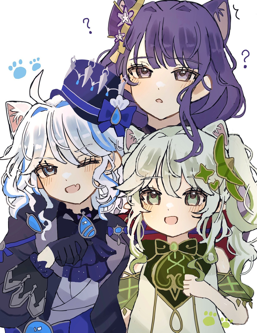 3girls, ahoge, animal_ears, ascot, black_gloves, blue_ascot, blue_bow, blue_headwear, bow, braid, cat_ears, detached_sleeves, dress, furina_(genshin_impact), genshin_impact, gloves, gold_trim, gradient_hair, green_eyes, green_hair, green_sleeves, hair_ornament, hat, hat_bow, highres, leaf_hair_ornament, long_hair, looking_at_viewer, multicolored_hair, multiple_girls, nahida_(genshin_impact), one_eye_closed, open_mouth, paw_pose, pointy_ears, purple_hair, raiden_shogun, sayu_(r12_34), side_braid, side_ponytail, simple_background, smile, top_hat, white_background, white_dress, white_hair