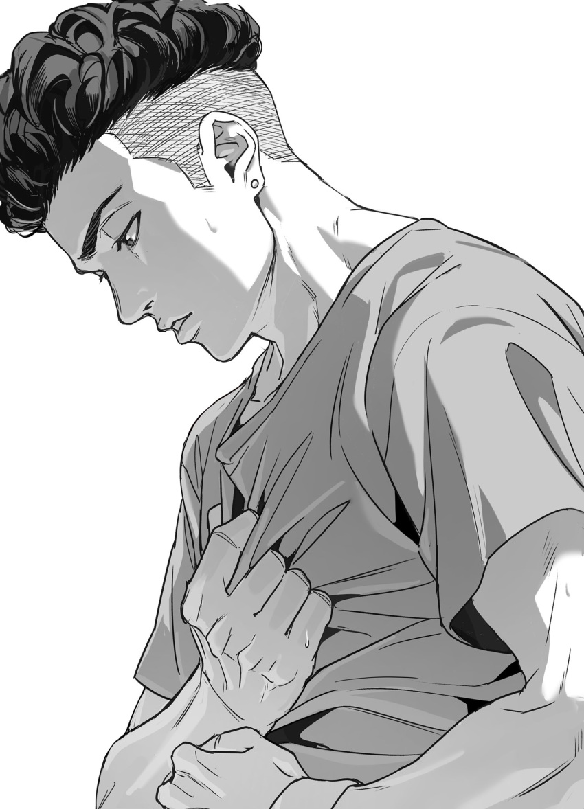 1boy, bui_(buupopopopopo), ear_piercing, greyscale, hands_up, highres, male_focus, miyagi_ryouta