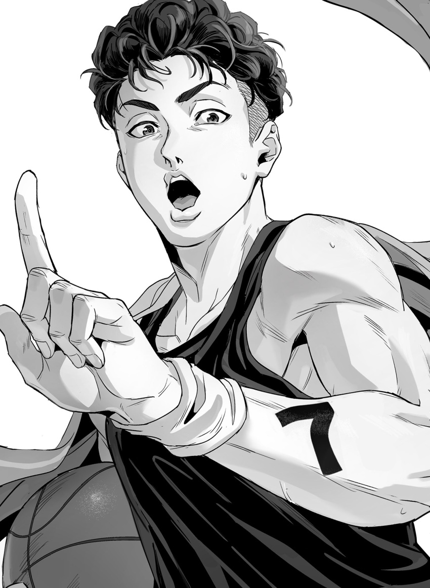 1boy, ball, basketball, bui_(buupopopopopo), greyscale, hand_up, highres, holding