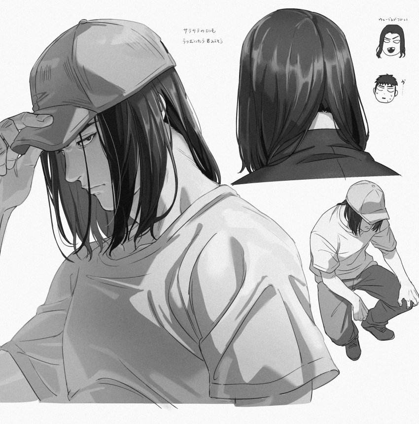 1boy, absurdres, bui_(buupopopopopo), closed_mouth, facing_away, greyscale, hand_up, hat