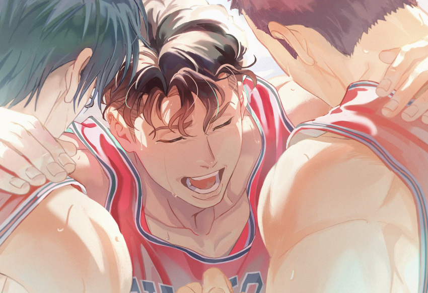 3boys, :d, arm_around_shoulder, basketball_jersey, basketball_uniform, black_hair, bui_(buupopopopopo), closed_eyes