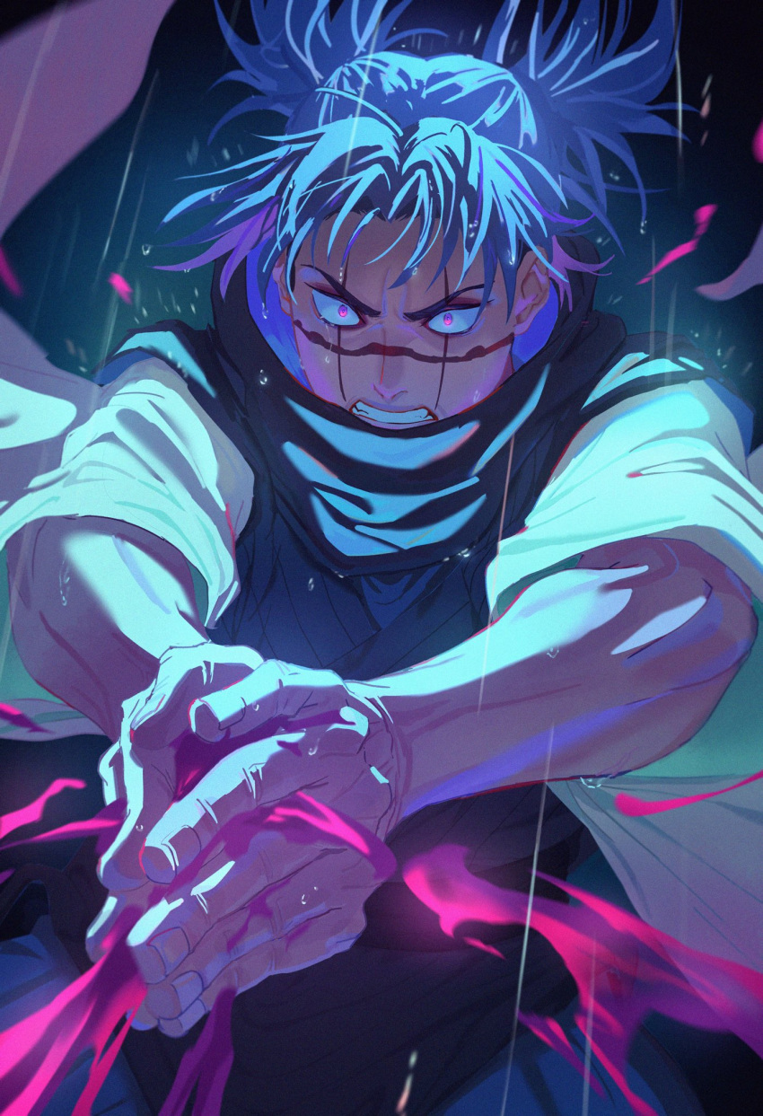 1boy, black_scarf, black_vest, blood, blue_background, bui_(buupopopopopo), choso_(jujutsu_kaisen), clenched_teeth