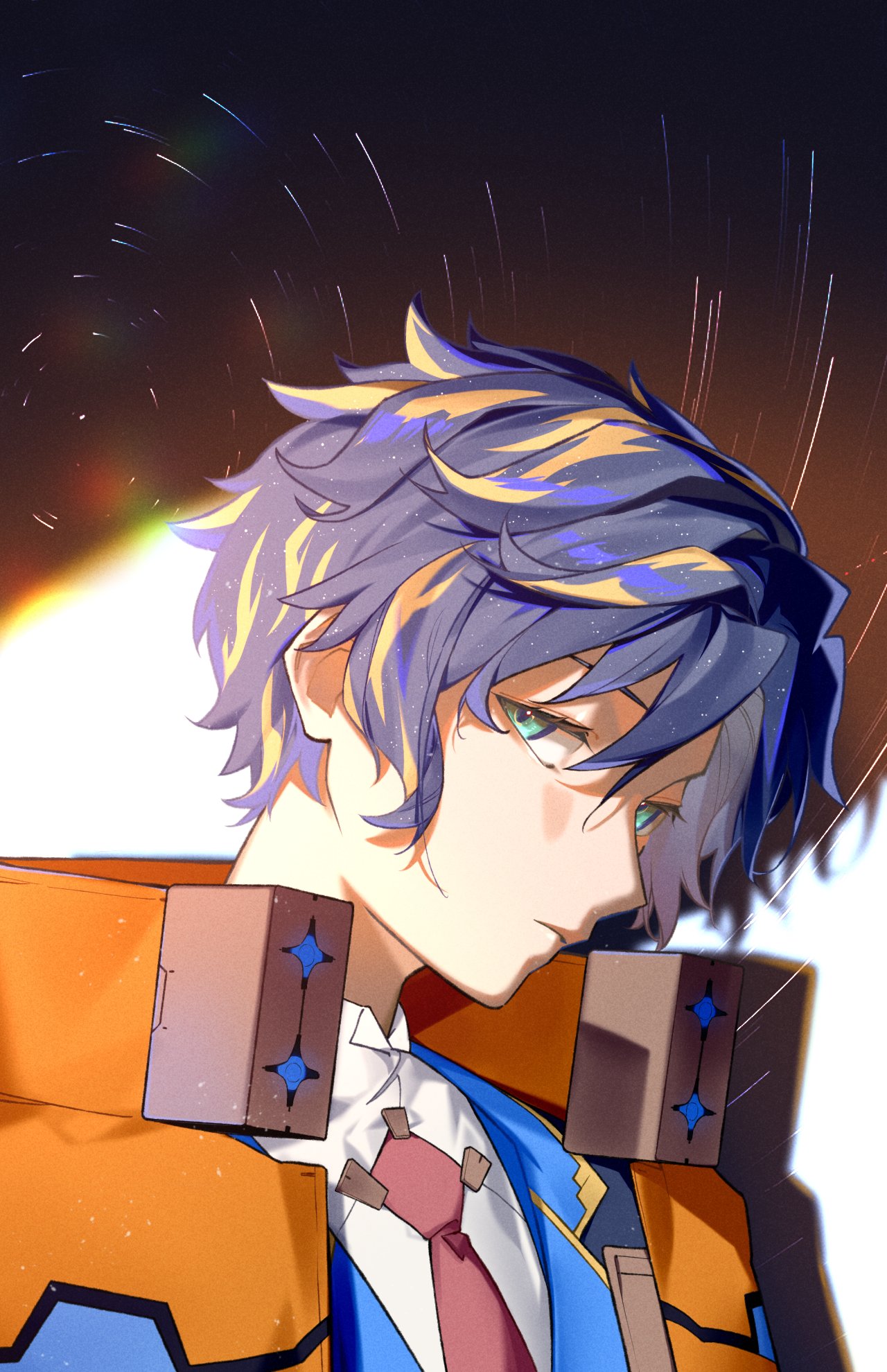 1boy, astel_leda, blonde_hair, blue_hair, closed_mouth, from_side, green_eyes, hair_between_eyes, high_collar, highres, holostars, jacket, juu_(45_jujut), light_particles, looking_at_viewer, male_focus, multicolored_hair, night, night_sky, orange_jacket, portrait, shadow, short_hair, sky, solo, star_(sky), starry_sky, streaked_hair, two-tone_hair, virtual_youtuber
