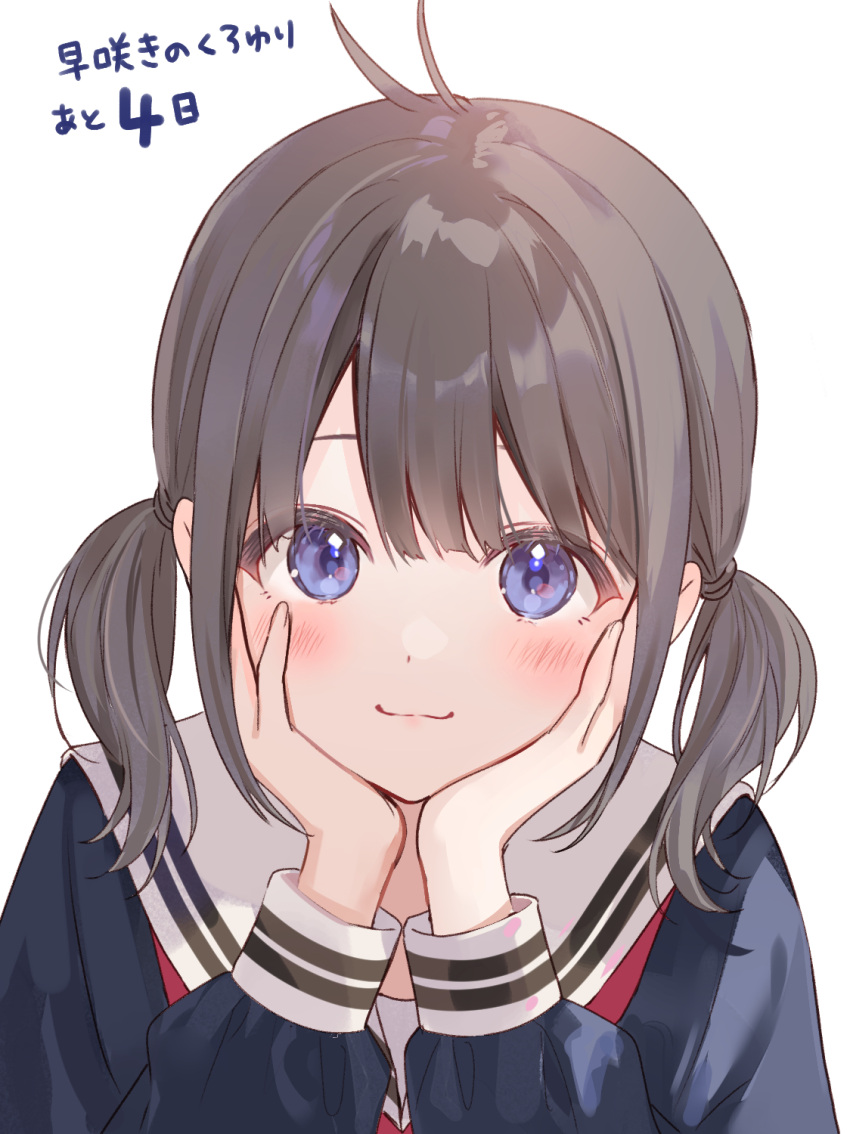 blush, early_blooming_black_lily, fukahire_(ruinon), grey_hair, hands_on_own_cheeks, hands_on_own_chin, hands_on_own_face, highres, isshiki_ai, sailor, short_twintails, twintails, violet_eyes