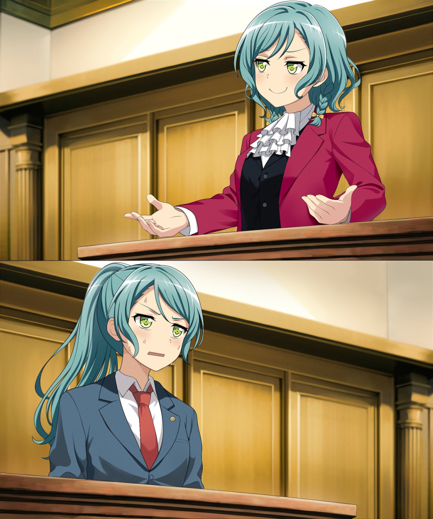 2girls, ace_attorney, aqua_hair, ascot, bang_dream!, blue_jacket, bow, braid