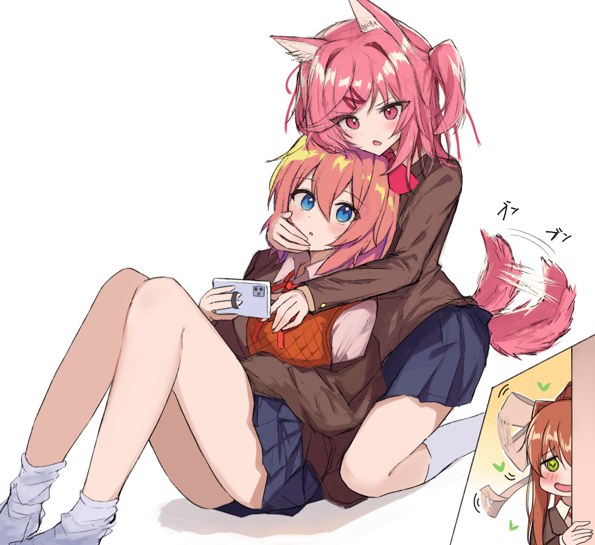 3girls, :o, animal_ear_fluff, animal_ears, b4_(yonten), blue_eyes, blue_skirt, blush, bow, brown_hair, brown_jacket, collared_shirt, doki_doki_literature_club, fox, fox_tail, gradient_background, green_eyes, hair_bow, hair_ribbon, hand_on_another's_chest, hand_on_another's_face, heart, heart-shaped_pupils, highres, holding, holding_phone, jacket, kneehighs, long_hair, long_sleeves, monika_(doki_doki_literature_club), multiple_girls, natsuki_(doki_doki_literature_club), neck_ribbon, off_shoulder, open_mouth, orange_vest, peeking, phone, pink_bow, pink_eyes, pink_hair, pink_ribbon, pink_tail, pleated_skirt, red_ribbon, ribbon, sayori_(doki_doki_literature_club), school_uniform, shirt, short_hair, short_ponytail, side_ponytail, simple_background, sitting, skirt, smile, socks, symbol-shaped_pupils, tail, tail_wagging, vest, white_background, white_bow, white_ribbon, white_shirt, white_socks, yellow_background