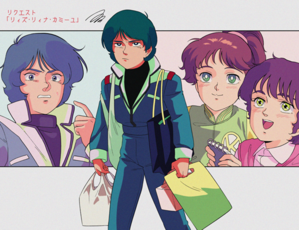 1980s_(style), 1boy, 2girls, :d, bag, black_shirt, blue_hair, blue_jacket, blue_pants, blush, bright_pupils, collared_shirt, commentary_request, film_grain, frown, green_eyes, gundam, gundam_f91, gundam_zz, hasemil, holding, holding_notepad, in-franchise_crossover, jacket, kamille_bidan, leina_ashta, long_sleeves, medium_hair, multiple_girls, notepad, official_style, pants, pink_shirt, plastic_bag, pointing, pointing_at_self, ponytail, reese_arno, retro_artstyle, shirt, shopping_bag, short_hair, simple_background, smile, squiggle, sweat, turtleneck, white_pupils, yellow_eyes, zeta_gundam