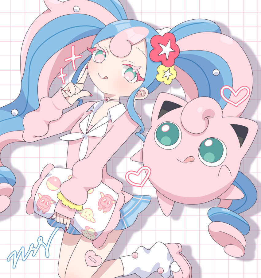 1girl, blue_skirt, bull_sprite_(pokemon), cardigan, choker, clefairy_sprite_(pokemon), fairy_miku_(project_voltage), fish_sprite_(pokemon)