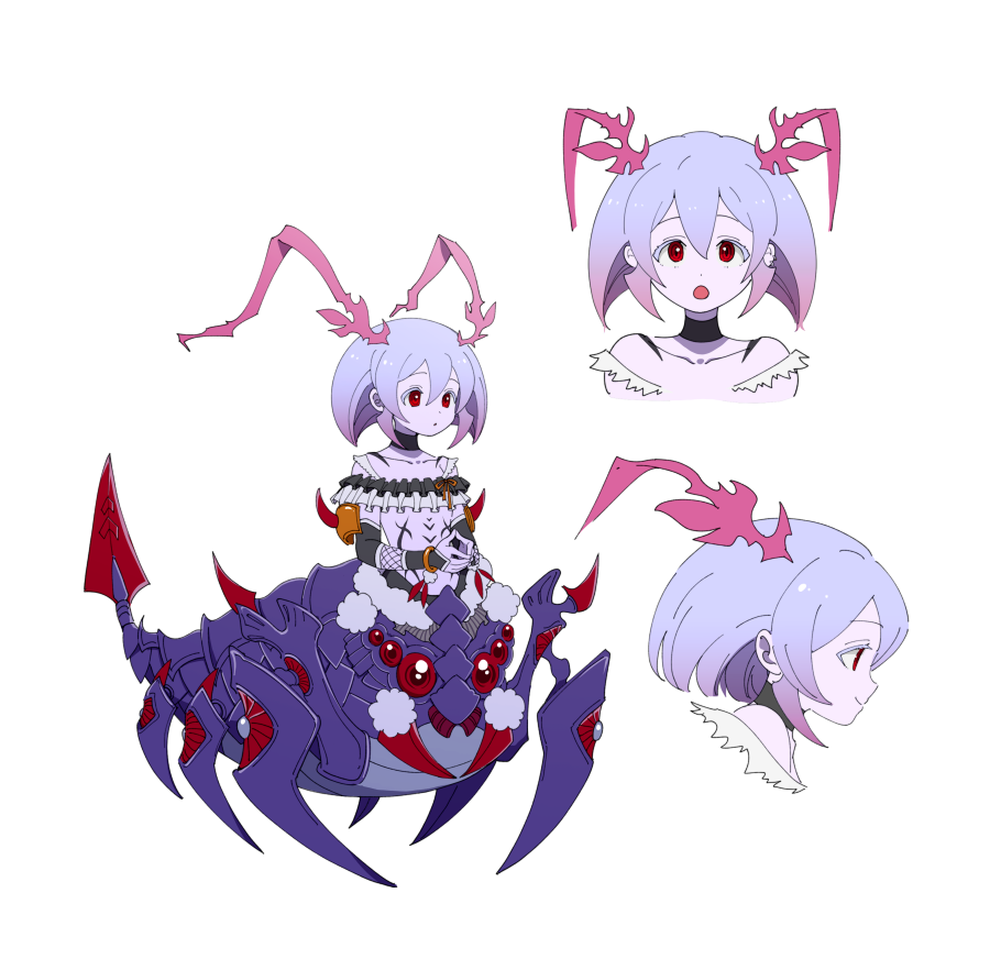 1girl, arc_s0222, arc_the_lad, arthropod_girl, black_choker, bracelet, choker, closed_mouth, collarbone, full_body, hair_ornament, jewelry, long_hair, monster_girl, navel, purple_hair, red_eyes, simple_background, solo, spider_girl, tattoo, viola_(arc_the_lad), white_background