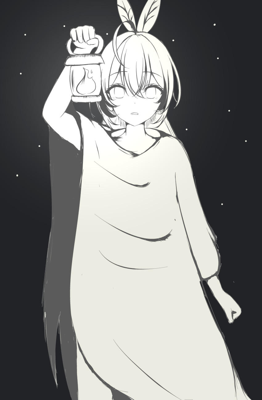 1girl, absurdres, ahoge, blank_eyes, cloak, crossed_bangs, feather_hair_ornament, feathers