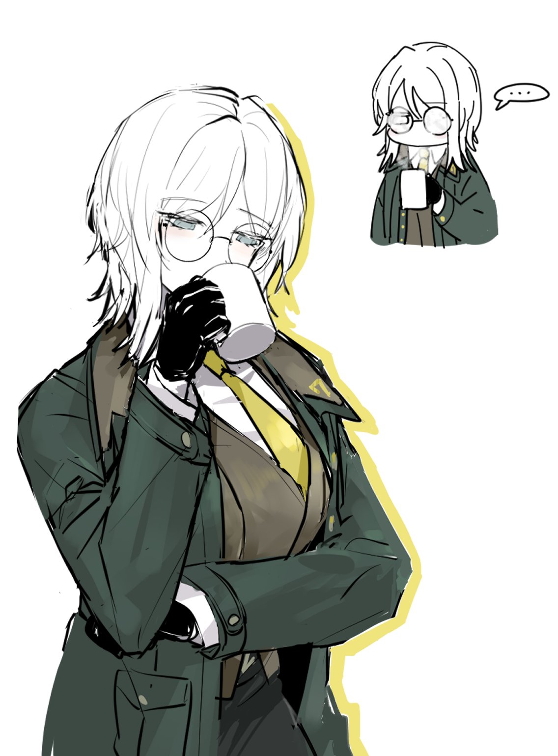 ..., 1girl, black_gloves, blue_eyes, cup, drinking, faust_(limbus_company), glasses, gloves, green_jacket, highres, holding, holding_cup, jacket, limbus_company, naughty_0b, necktie, project_moon, round_eyewear, solo, spoken_ellipsis, white_hair, yellow_necktie