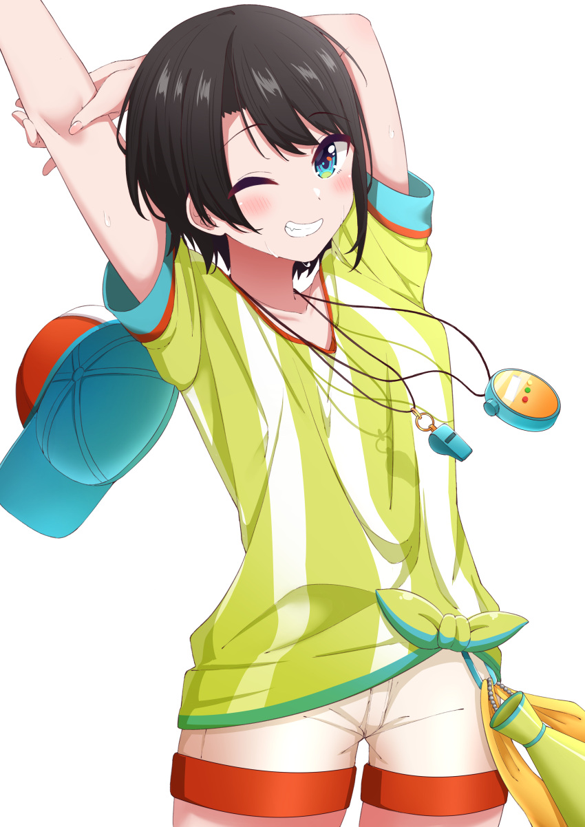 1girl, absurdres, arm_up, arms_behind_head, baseball_cap, blue_eyes, blush, brown_hair