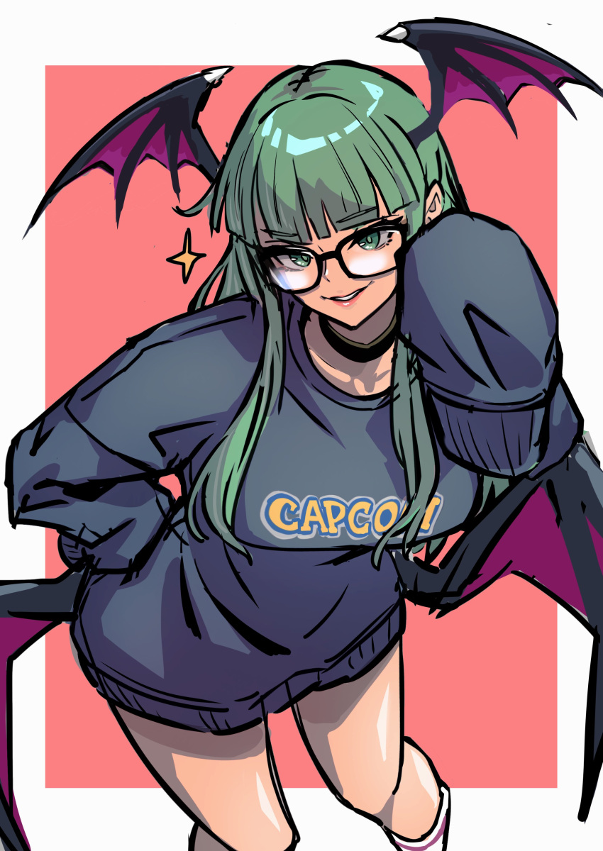 1girl, absurdres, ap_cammy, bespectacled, black-framed_eyewear, blunt_bangs, clothes_writing, cowboy_shot, demon_wings, glasses, green_eyes, green_hair, head_wings, highres, hime_cut, looking_at_viewer, morrigan_aensland, smile, solo, vampire_(game), wings