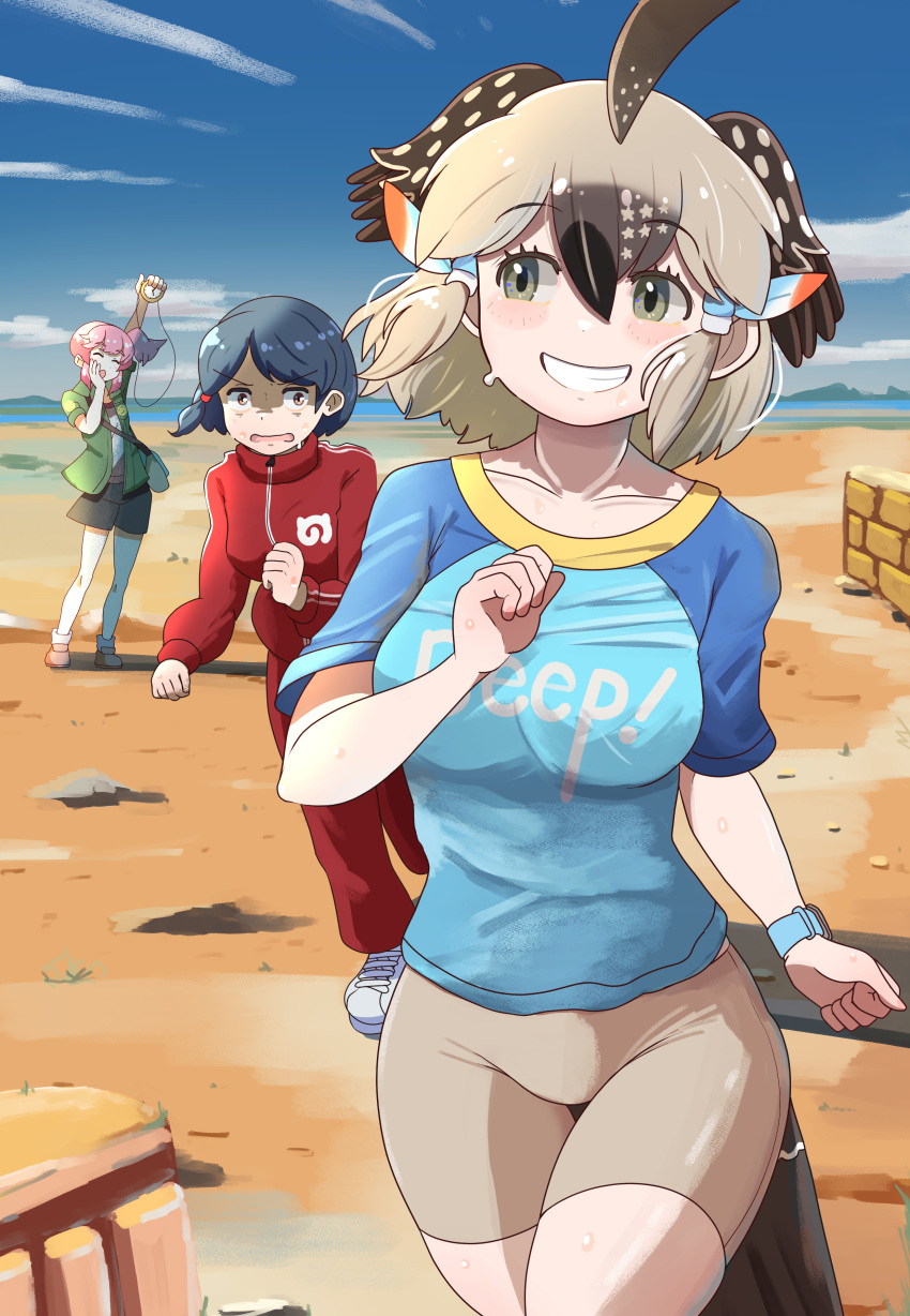 3girls, absurdres, alternate_costume, bike_shorts, bird_girl, bird_tail, bird_wings, black_hair