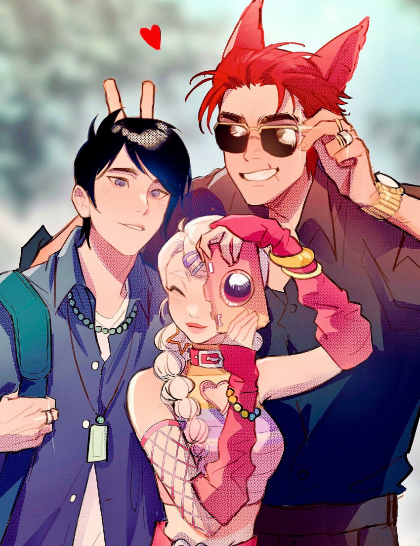 1girl, 2boys, alune_(league_of_legends), animal_ears, aphelios, black_hair, black_shirt, blue_shirt