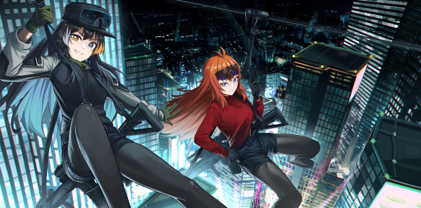 2girls, alina_svard_kovalenko_(laotianaviator), city_lights, cityscape, gun, heterochromia, highres, multicolored_hair