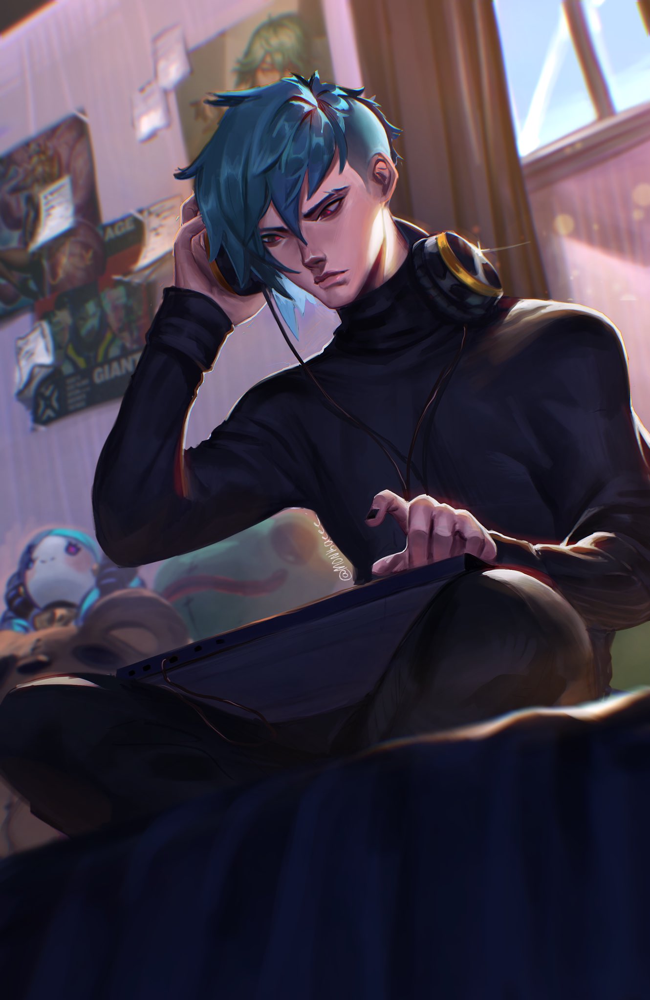 1boy, aphelios, black_nails, black_pants, black_shirt, blue_hair, closed_mouth, ezreal, headphones, heartsteel_(league_of_legends), heartsteel_aphelios, highres, holding, holding_headphones, indoors, league_of_legends, male_focus, monkae_(m0nkaeee), official_alternate_costume, pants, red_eyes, shirt, short_hair, sitting, solo, tablet_pc