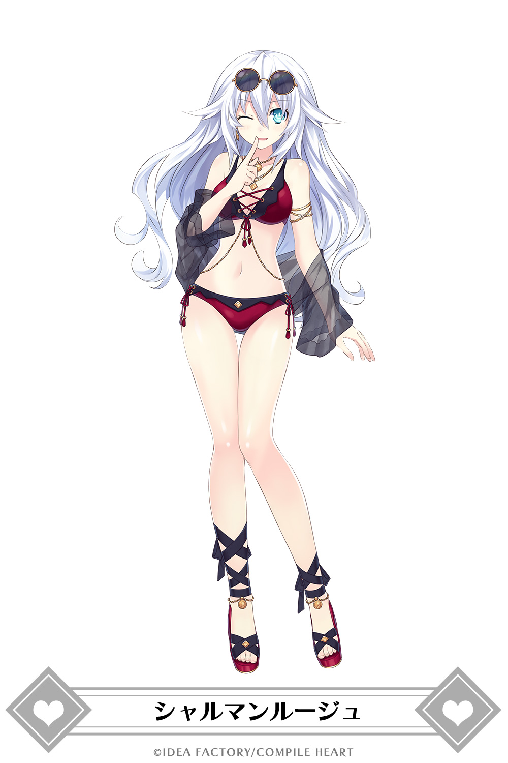 1girl, aqua_eyes, bikini, black_heart, breasts, full_body, hand_on_own_hip, highres, long_hair, looking_at_viewer, mainichi_compile_heart, medium_breasts, neptune_(series), simple_background, smile, solo, standing, swimsuit, symbol-shaped_pupils, very_long_hair, white_background, white_hair_highres