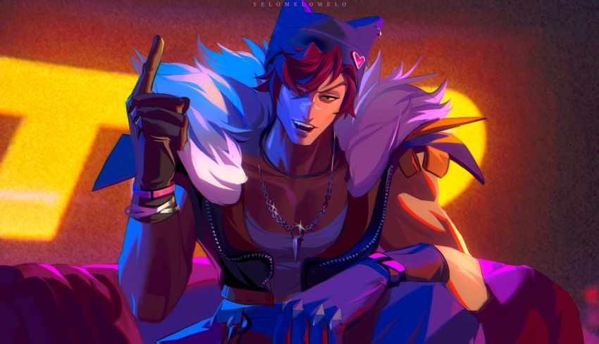 bandaid, bandaid_on_face, bandaid_on_nose, black_gloves, black_jacket, black_pants, chadetteisgiga, fur-trimmed_jacket, fur_trim, gloves, hat, heartsteel_(league_of_legends), heartsteel_sett, highres, jacket, jewelry, large_pectorals, league_of_legends, male_focus, muscular, muscular_male, necklace, official_alternate_costume, open_clothes, open_mouth, pants, pectorals, pink_hair, sett_(league_of_legends), short_hair, sleeveless, sleeveless_jacket, tank_top, white_tank_top