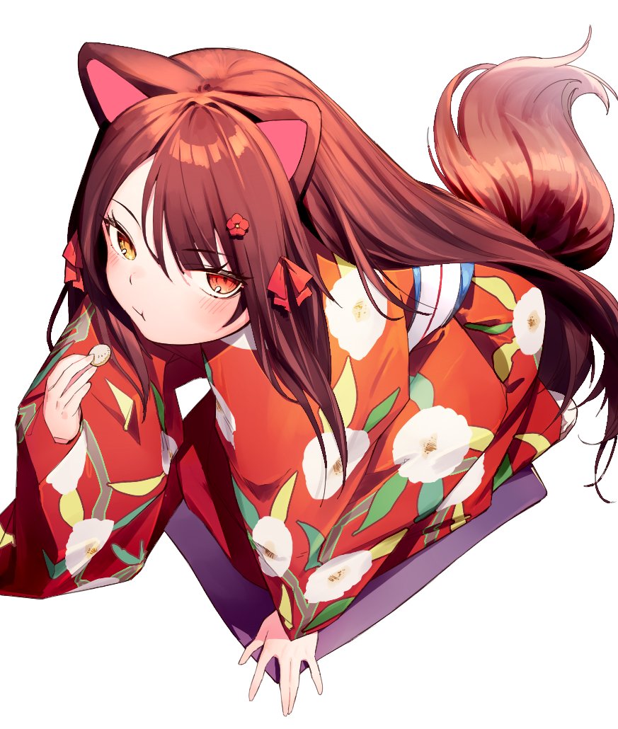 1girl, :t, all_fours, animal_ears, blonde_hair, brown_hair, closed_mouth, dog_ears, dog_tail, floral_print, flower, hair_flower, hair_ornament, hair_ribbon, inui_toko_(4th_costume), japanese_clothes, kimono, long_hair, long_sleeves, nijisanji, print_kimono, red_eyes, ribbon, simple_background, solo, sukuna136, tail, very_long_hair, virtual_youtuber, white_background, yellow_eyes
