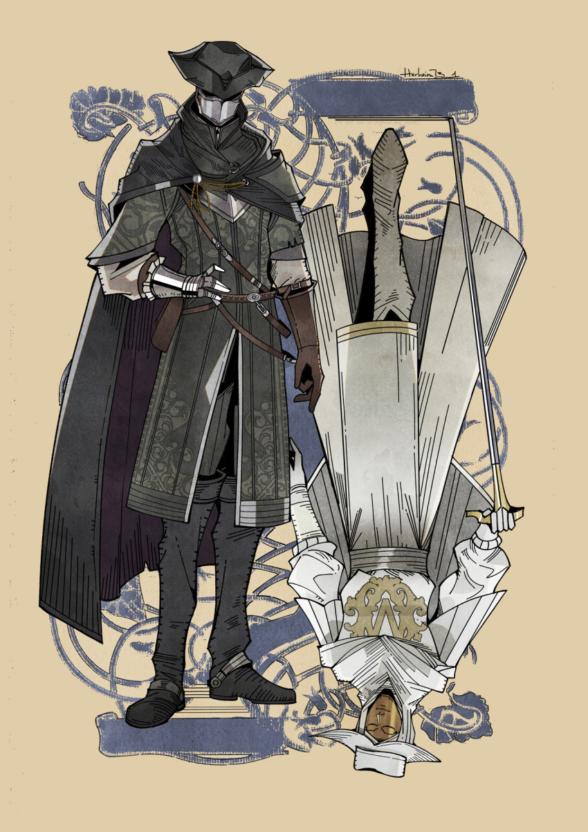 2boys, belt, black_cape, black_footwear, black_headwear, black_pants, brown_gloves, cane, cape, dark_souls_(series), dark_souls_iii, denny626, gauntlets, gloves, hand_on_own_hip, hat, helm, helmet, highres, holding, holding_cane, leonhard_(dark_souls), londor_pale_shade, mask, multiple_boys, pants, simple_background, upside-down, white_headwear, yellow_background