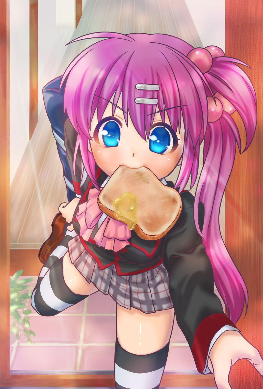 1girl, absurdres, black_jacket, blue_eyes, blush, bow, brown_footwear, colored_eyelashes