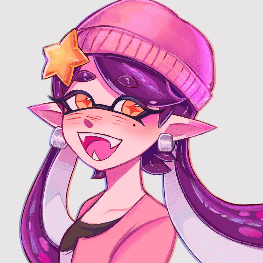 +_+, 1girl, beanie, black_hair, callie_(splatoon), earrings, fangs, hat