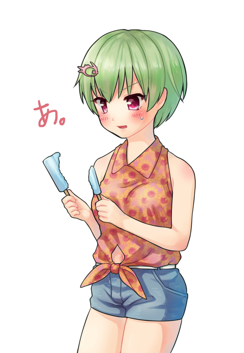 1girl, absurdres, bare_arms, blush, collared_shirt, cowboy_shot, crocodile_hair_ornament, denim